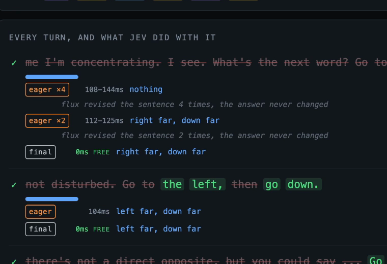 The Jev Runner turn log: eager passes held, the settled pass reuses the answer at 0 ms