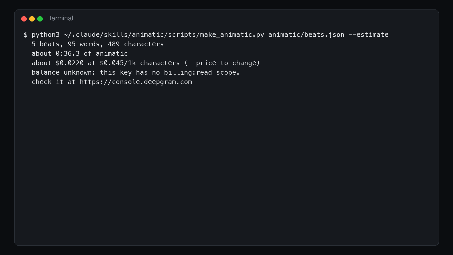 The --estimate output: 5 beats, 489 characters, about $0.022, and a balance check